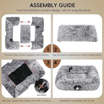 Extra Large Cat Tunnel Bed, 4 Ways Tunnels for Indoor Cats, Multi-cat Family Pet Bed & Cave, Plush Cat Donut with Washable Middle Mat, Exit Balls, Pet Play Toy for Kitten Puppy Rabbit, Dark Grey