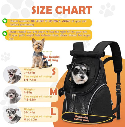 WOYYHO Pet Dog Carrier Backpack with Top and Side Windows, Small Dog Front Backpack Ventilated Mesh Dog Back Pack with Safety Belt for Travel Hiking Outdoor Adventures (Size M: 5-9 lbs, Black 2.0)