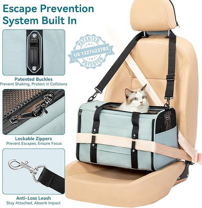 PETSFIT Soft-Sided Cat Carrier with Patented Safety Buckles, Lockable Zippers & Safety Tether,Escape-Resistant Travel Pet Carrier for Car Rides & Vet Visits, Airline Approved Under-Seat, Up to 12 lbs