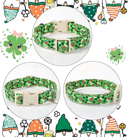 St Patricks Day Dog Collar for Medium Dogs - Green Beer Shamrock Dog Collars for Boys&Girls Dogs, Adjustable Irish Clover Puppy Collar with Quick Release Buckle M