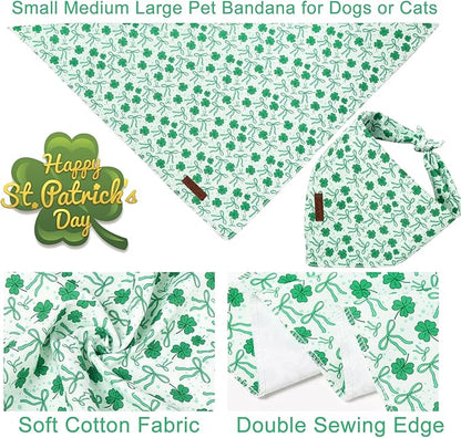 St. Patrick's Dog Bandana, UP URARA PUP Shamrock Triangle Bid, Clover and Bow Pattern Scarf for Medium Large Dogs, Cotton Kerchief for Girl Boy Puppies, Cute Spring Green Bandana,S