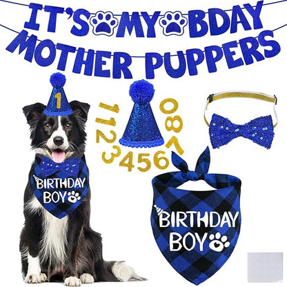 STMK Dog Birthday Decorations, Multi Sizes Dog Birthday Hat Dog Birthday Bandana Boy Bow Tie Birthday Numbers It’s My Bday Mother Puppers Banner for Medium Large Dogs Pets (Large, Blue)