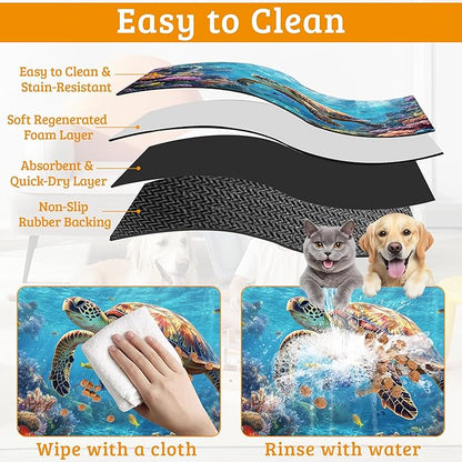 Sea Turtle Dog Cat Food Mat,Colorful Coral Absorbent Waterproof Placemat for Food and Water Non Slip Rubber Backing Durable Feeding Pad for Clean Floors 12" x 20"