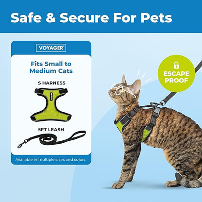 Voyager Escape-Proof Step-in Lock Cat Harness & 5ft Neoprene-Handle Leash Set All-Weather Mesh with Reflective Stitching for Small to Large Cats by Best Pet Supplies, Black Trim-Lime (327), S