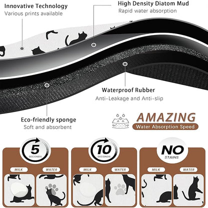 Funny Black Cat Dog Food Mat,Absorbent Pet Feeding Mat with Rubber Backing,Non-Slip Water Bowl Placemat,Indoor Pet Accessories Supplies 16"x24"