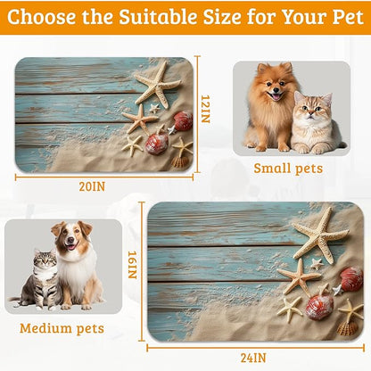Sand Starfish Dog Cat Food Mat,Wood Board Absorbent Waterproof Placemat for Food and Water Non Slip Rubber Backing Durable Feeding Pad for Clean Floors 16" x 24"