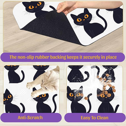 Cute Black Cats Pet Feeding Mat, Absorbent Dog and Cat Bowl Pad, Fast Dry, Non-Slip Back – 12x20 Inch