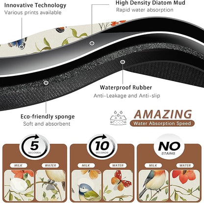 Butterfly Bird Dog Food Mat for Floors,Vintage Nature Absorbent Pet Food and Water Bowl Mats,Non-Slip Pet Feeding Mat,Pet Supplies 12" x 20"