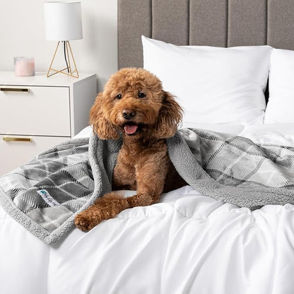 PetAmi Waterproof Dog Blanket for Small Medium Dog Puppy Cat Throw for Couch Cover Leakproof Protection, Sherpa Fleece, Reversible Soft Washable 29x40 Plaid Light Gray