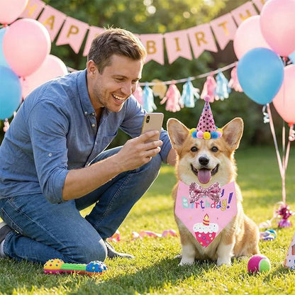Pet Birthday Party Set with Hat and Bandana for Dogs and Cats with Star Pattern Design, Adjustable Sequin Bow tie Accessories, Pink Birthday Girl Scarf (Pink)