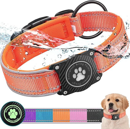 Airtag Dog Collar with Waterproof Air Tag Holder, Luminous Reflective, Soft Padded, Adjustable Nylon Pet Collar for Small Medium Large Heavy Duty Dogs,Orange, M