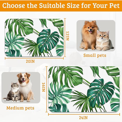 Dog Bowl Mat,Leaves Pet Feeding Mat for Floors Waterproof,Tropical Palm Absorbent Dogs Placemat for Food and Water Quick Dry Pet Cat Feeding Mats with Non Slip Bottom 12" x 20"