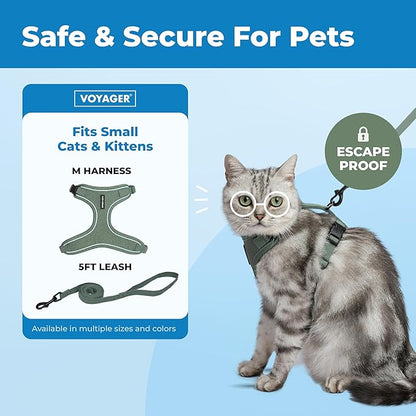 Voyager Escape-Proof Step-in Lock Cat Harness & 5ft Neoprene-Handle Leash Set All-Weather Mesh with Reflective Stitching for Small to Large Cats by Best Pet Supplies, Moss Green (327), M