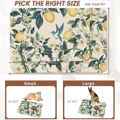 Hummingbird Dog Food Mat for Floors,Vintage Lemon Absorbent Quick-Dry Pet Feeding Mat,Cat Dog Bowl Mats for Food and Water,Non-Slip Pet Accessories Supplies 12"x20"