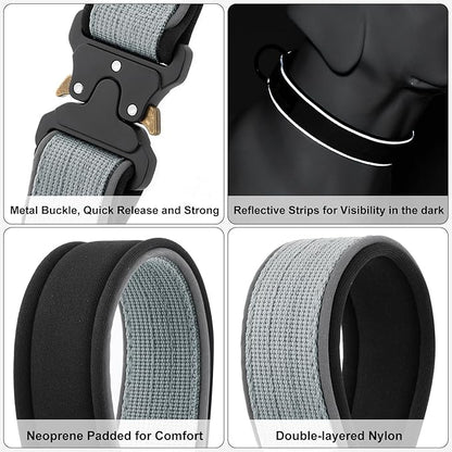 Plutus Pet Tactical Dog Collar, Reflective, Adjustable Heavy Duty Dog Collar, Soft Padded and Comfortable, for Small Medium and Large Dogs (Gray, XL)