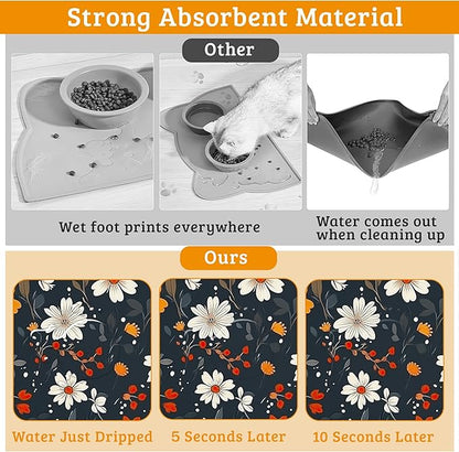 Floral Black Feeding Mat, Absorbent Quick-Dry Cat Dog Food and Water Bowl Mats,Non-Slip Rubber Backing Mat,Cat Dog Accessories Supplies 12" x 20"