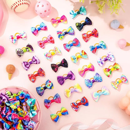 60 Pcs Cute Puppy Dog Hair Bows Small Bowknot Hair Bows with Rubber Bands Handmade Knot Accessories Pet Grooming Products for Holiday Birthday Gift(Tie Dye)