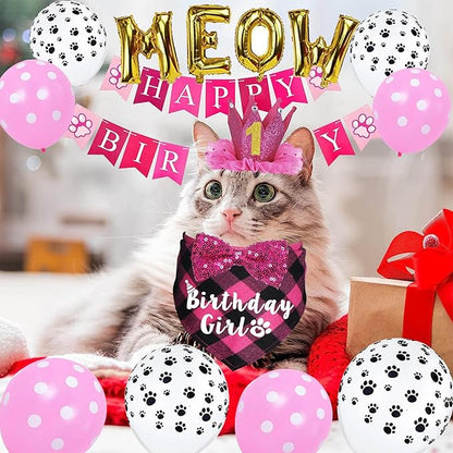 Cat Birthday Party Supplies, Cat Birthday Hat Crown with Number Bandana Bow Tie Banner Balloons Meow Balloons for Cats Kittens Decorations