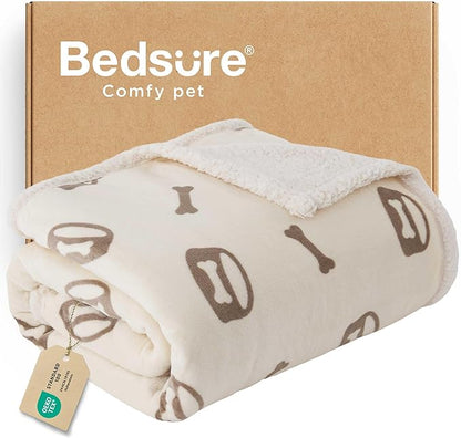 Bedsure Waterproof Dog Blankets for Medium Dogs Washable - Soft Print Sherpa Fleece Puppy Cat Blanket, Cozy Plush Reversible Throw Furniture Protector for Pet Kitten Doggy, 30"X40", Beige