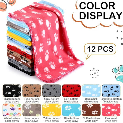Tegeme 12 Pieces Fleece Blankets for Pets Dog Puppy Paw Print Cat Bedding Cover Blanket for Small Animals Pig Cage Liner Sleep Mat Pad Kitten Soft Warm(Cute Style,18 x 24 Inches)