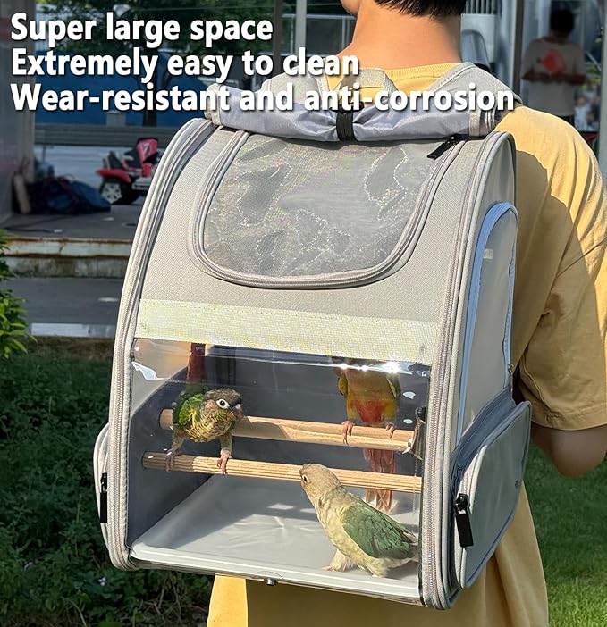 Bird Carrier,Travel Bird Cage,Bird Backpack for Small Birds Parakeet,Canary,Parrot, Finches,Cockatiel.Portable Outdoor Bird Bag with 2 Wooden Perch, Double-Clamp Cup, Detachable Poop Tray (Gray)