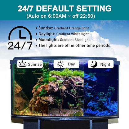 hygger 24/7 Mode Submersible Aquarium LED Light, Full Spectrum Hidden Fish Tank Light with 3 Rows Beads 7 Colors Auto On Off Sunrise-Daylight-Moonlight, Adjustable Timer Brightness 8W