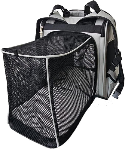 Expandable Pet Backpack Carrier – Dog & Cat, Bonus 2 Collapsible Pet Bowls, Travel Bag with 4-Way Entry, Mesh Windows, Storage Pockets, Secure Zippers, Washable Cushion