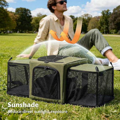 Pecute Cat Carrier Expandable, Stable Pet Carrier with 5mm Thick Steel Wire Frame, Dual-Side 200% Larger Space, Car Travel Carrier with Locking Zippers & Belt, Foldable for Storage,Green