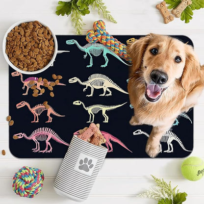 Dinosaur Skeleton Dog Cat Food Mat,Vintage Color Absorbent Pet Feeding Mat with Rubber Backing,Non-Slip Water Bowl Placemat,Indoor Pet Accessories Supplies 12"x20"