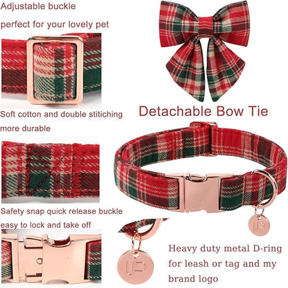 Christmas Plaid Dog Collar with Bow Tie– Adjustable Red & Green Checkered Dog Collar for Small Medium Large Dogs, Soft Xmas Plaid Puppy Collars with Quick Release Buckle XS