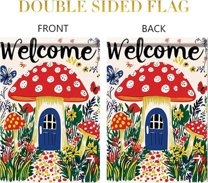 Mushroom House Garden Flag 12x18 Inch Welcome Yard Banner Whimsical Fairy Tale Style Double Sided Outdoor Decoration for Porch Lawn Patio Spring Summer Seasonal Garden Decor