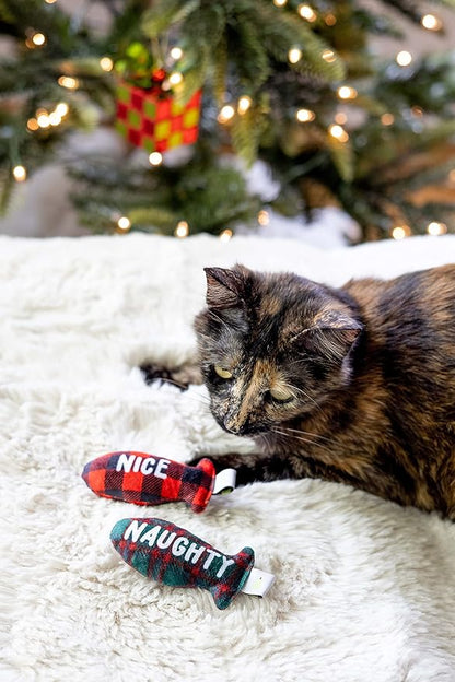 Pearhead Naughty Or Nice Christmas Cat Toy Set, Holiday Pet Owner Gift, Christmas Must Have Toy Set, Cat Teaser Toy, with Catnip Pouch, Set of 2