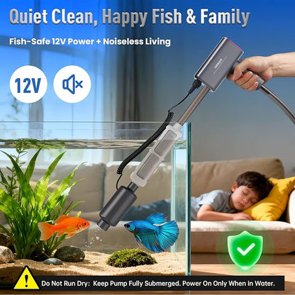 Electric Aquarium Vacuum Gravel Cleaner: Rechargeable Fish Tank Cleaner with 4 Adjustable Suction, Anti-Clog for Debris Clean & Sand Washing,Automatic Water Changer with 12V Safe for Small/Large Tank