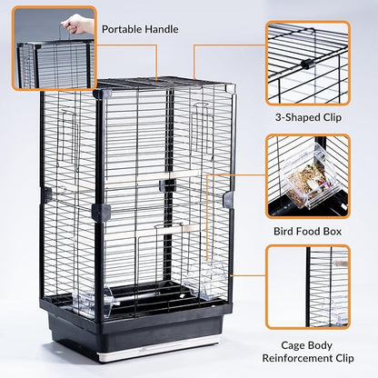 25 inch Bird Cage, Portable Travel Parrot Cage, Double-Layer Parakeet Cage, for Temporary Pet Accommodation, Trip to Vet, Short Trip, Camping, Black