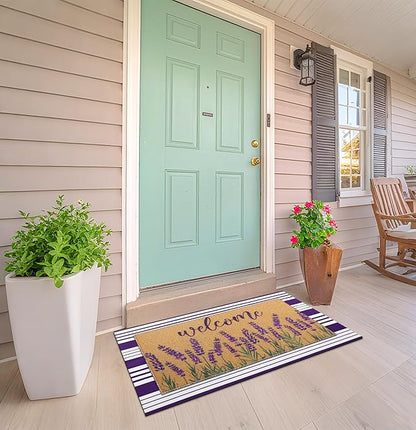 Tinideya 2 Pcs Lavender Door Mat Purple and White Stripe Welcome Non Slip Coir Mats Flower Floor Layering Doormats Seasonal for Front Porch Entryway Decor(Lavender)