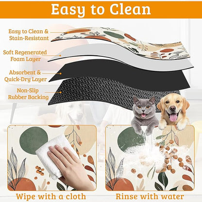 Boho Dog Cat Food Mat,Abstract Leaves Absorbent Waterproof Placemat for Food and Water Non Slip Rubber Backing Durable Feeding Pad for Clean Floors 16" x 24"