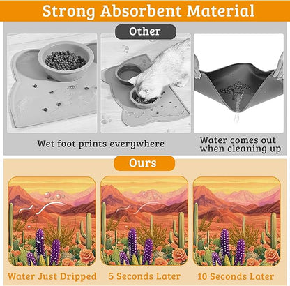 Pet Feeding Mat,Cactus Absorbent Dog Cat Food Mat Desert Dog Mat with Rubber Backing,Non-Slip Water Bowl Placemat,Pet Supplies 16" x 24"