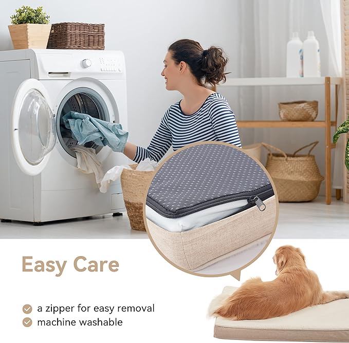 Memory Foam Large Dog Bed, Cooling Dog Beds for Large Dogs, Washable Orthopedic Pet Bed for Crate with Joint Relief Memory Foam, Waterproof Liner and Plush Cover (35"x 22", Beige)