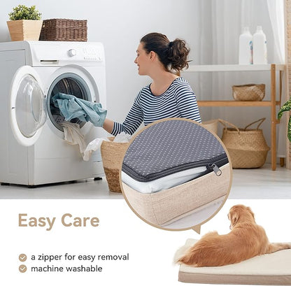 Memory Foam Large Dog Bed, Cooling Dog Beds for Large Dogs, Washable Orthopedic Pet Bed for Crate with Joint Relief Memory Foam, Waterproof Liner and Plush Cover (35"x 22", Beige)