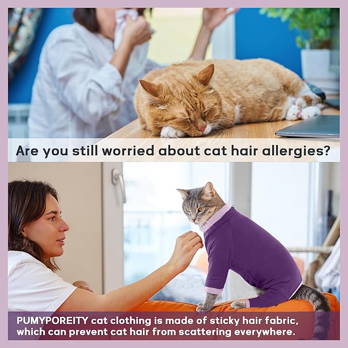PUMYPOREITY Cat Recovery Suit, Stops Wound Licking After Surgery, Sticky Hair Shirt with Sticky Fabric, Cat Pajamas Prevents Over-Grooming, Purple, S