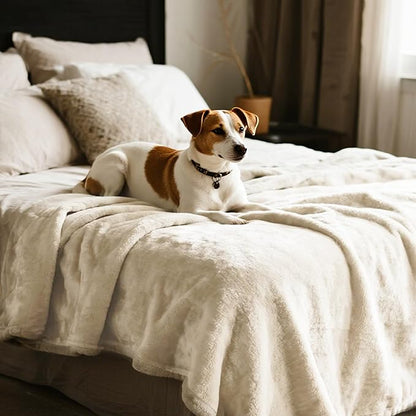 gogobunny Waterproof Bed Blanket, Reversible Sherpa Fleece Throw Blanket for Dog Puppy Cat, Furniture Cover Protects Bed Couch Sofa from Liquid Pee and Pet Fur (Cream, 90x108 inches)