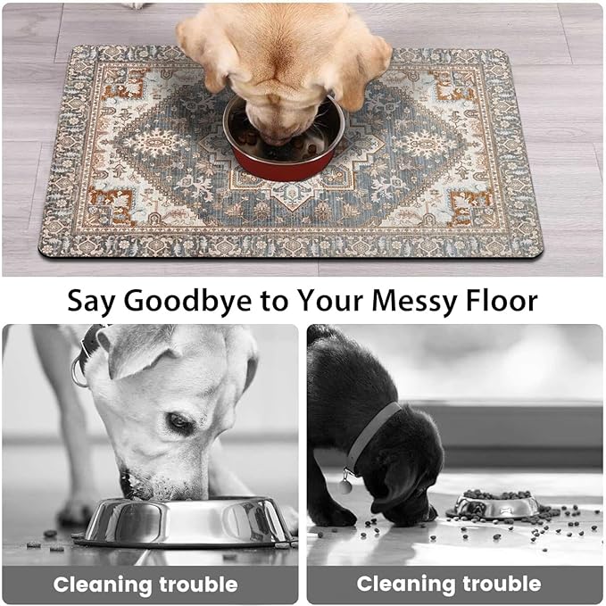 Dog Food Mats for Floors, Absorbent and Quick-Drying Pet Cat Food Mat,Anti-Fouling and Easy-to-Clean Pet Feeding Mat,Dog Bowl Mat for Messy Drinking Water Bowls.16 x24, Bohemia Style