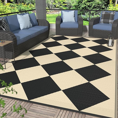 GENIMO Outdoor Rug for Patio Clearance, 6'x9' Reversible Geometric Plastic Straw Rugs, Lightweight Waterproof RV Camping Mat for Camper, Balcony, Deck, Backyard, Picnic, Black Beige