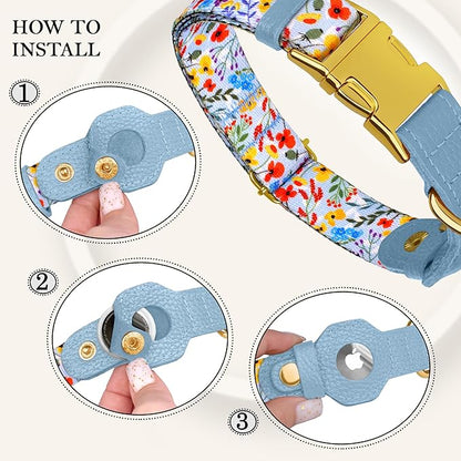 AirTag Dog Collar for Small Medium Large Breed - Adjustable Cute Pattern Dog Collar with Airtag Holder - Soft Leather Tracker GPS Apple Air Tag Pet Collars (Small, 12"-15" Neck Fit, Floral)