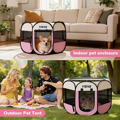 Dog Playpen, Portable Puppy Pet Crate Indoors for Small/Medium Dogs Cats Rabbits, Foldable Dog Cage Enclosure for Outdoor, Pop Up Dogs Tent Kennel with Carrying Case, Pink