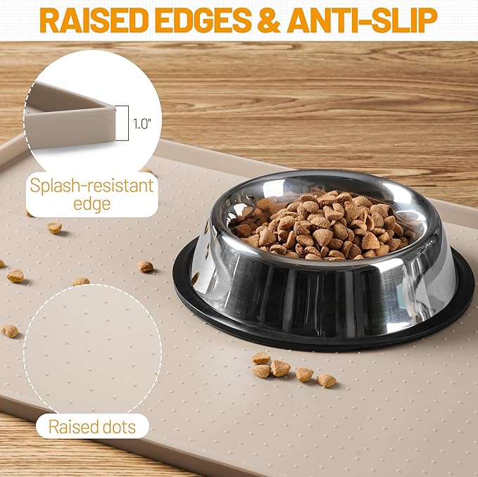 Hubulk Dog Feeding Mat,100% Waterproof Food Grade Silicone Pet Food and Water Bowl Placemat,Dishwasher, High Raised Edge to Prevent Spills,Nonslip Tray to Stop Messes on Floor（32"x24"x1.0", Taupe）