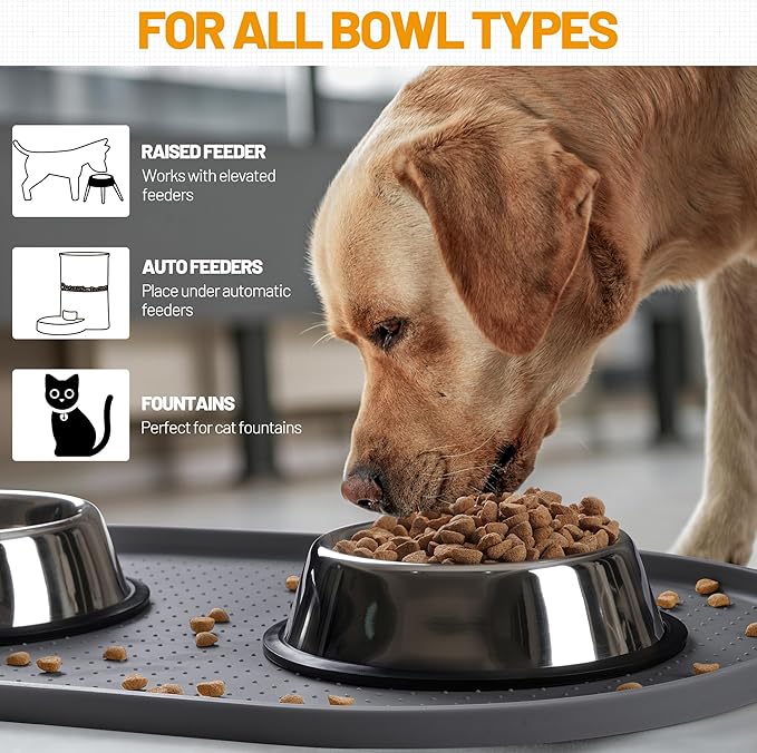 Hubulk 100% Waterproof Silicone Pet Feeding Mat with Raised Edge for Food and Water, Dog Bowl Mats, Cat Bowls Placemat with High Lip Protects Floor for Cats and Dogs (Gray, 24" L x 16" W)
