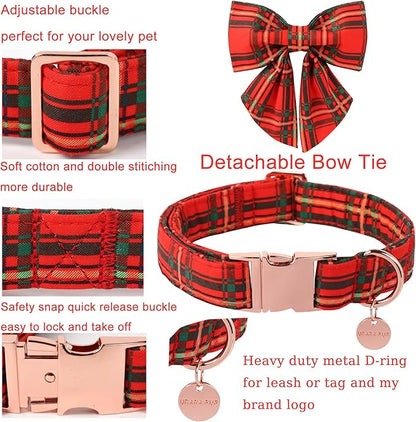 Christmas Dog Collar with Bow Tie, Cotton Christmas Plaid Collar for Medium Girl Boy Dog,Red &Green Plaid Dog Collar Bowtie with Durable Metal Buckle,Adorable Pet Collar,L,Neck 16-24in