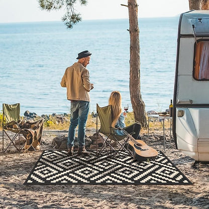 GENIMO Outdoor Rug 3'x5' Waterproof, Reversible Camping Mat, Plastic Straw Rugs for Patio, RV, Camper, Balcony, Backyard, Picnic, Deck (Black & Beige)