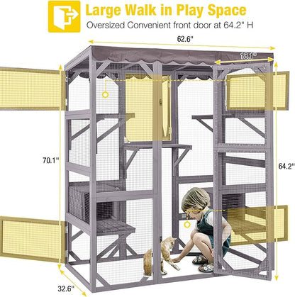 Aivituvin Catio Outdoor Cat Enclosure with 7 Platforms, 2 Resting Boxes, Large Window Cat House for 4-6 Mulitiple Cats Walk in Kitty Cage with Weatherproof Tarp Roof 70"